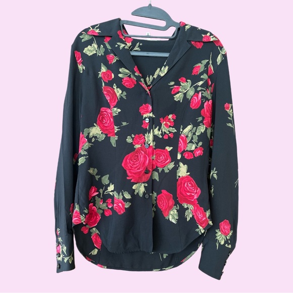 Escada Tops - Vintage Escada black and red rose print silk blouse